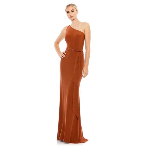 Mac Duggal 26581 Brick Jersey One Shoulder Belted Trumpet Gown Size 8 MSRP $298 - Picture 1 of 12